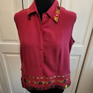 4/$19 Vintage linen blend burgundy sleeveless cropped button-up  Whimsygoth Boho